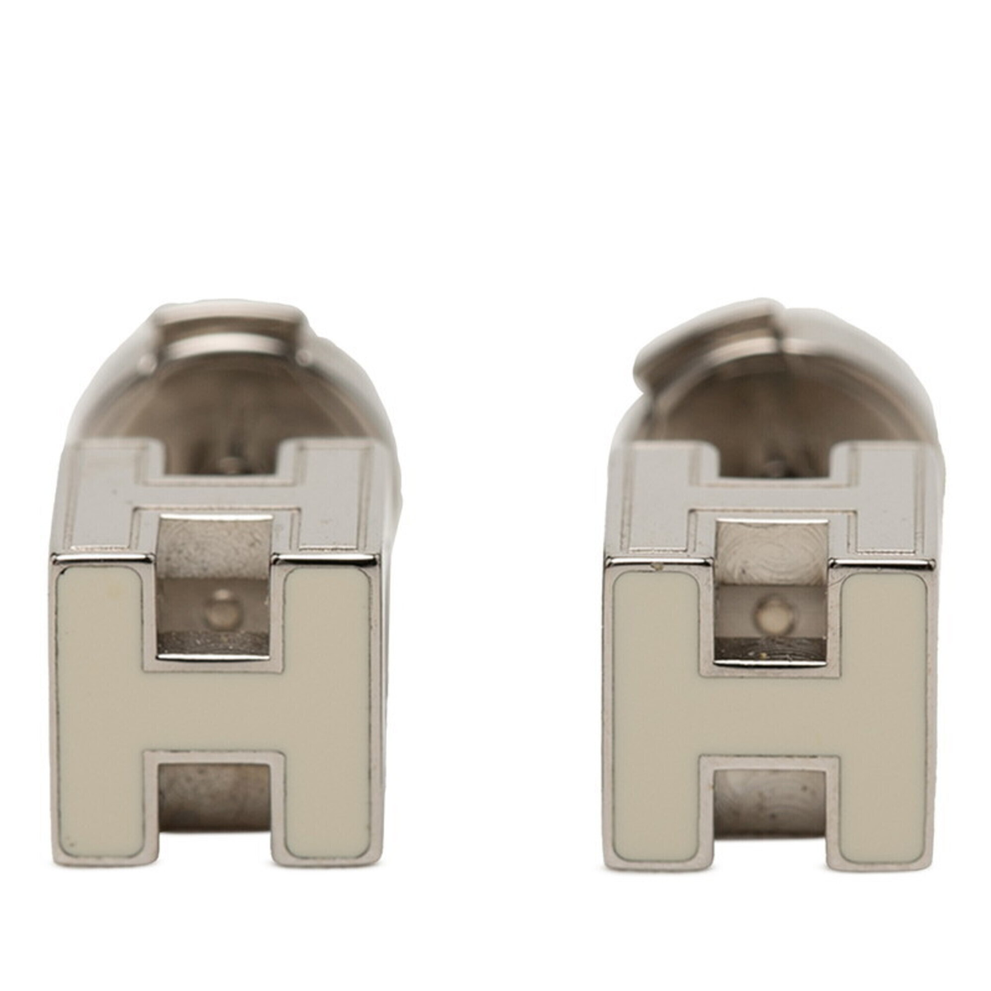 Hermes Cage D'h H-Cube Logo Stud Earrings, Silver And White Metal, Women's He...
